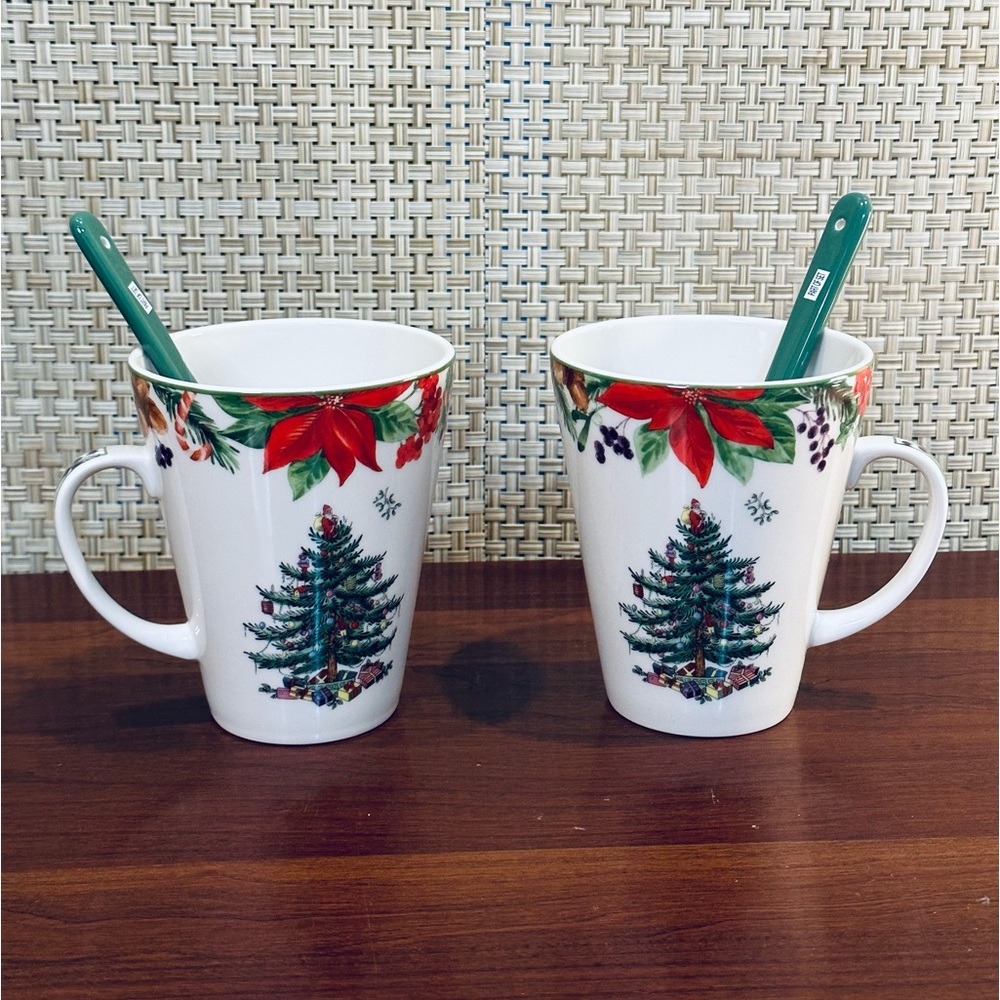 🎄🌟HP🌟Spode 2020 Set of 2 Porcelain Christmas Tree Poinsettia Mugs & Spoons